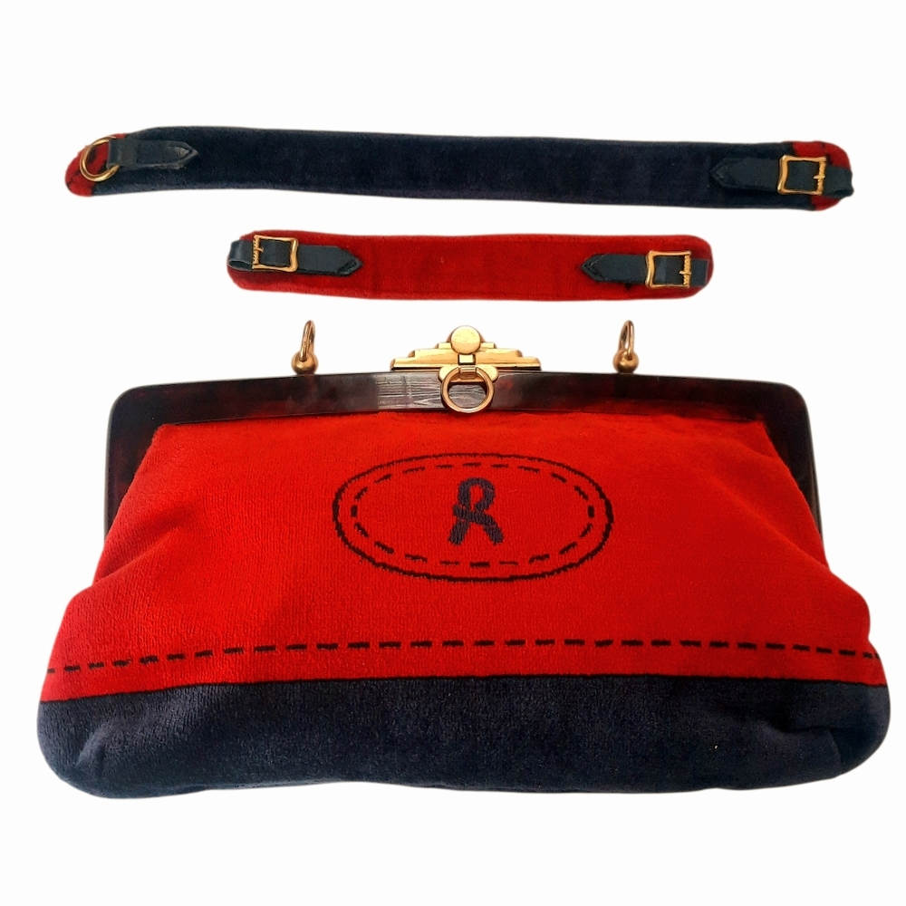 Vtg ROBERTA DI CAMERINO Red & Navy Velvet Shoulder Bag Clutch w/ Lucite Frame